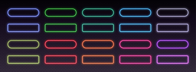 Neon button frames, gradient glowing borders, isolated UI elements. Futuristic sharp and rounded action buttons. Vector illustration.