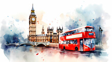 London Big Ben And Double Decker Bus On Watercolor Painting Background