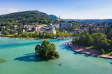 Fototapeta Na drzwi - Aerial view of Annecy lake waterfront low tide level due to the drought in France