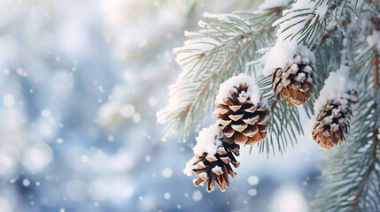 Sticker - Winter background with pine branches with pine cones in a snowy forest, Christmas tree. New Year header for a website with Copy space.