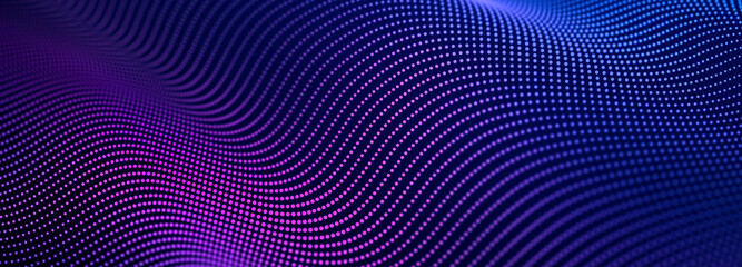 Sticker - Particle stream. Purple background with many glowing particles. Information technology background. 3d rendering.