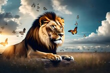 A Lion With Butterfly Sitting On Nose, Morning Cloudy Sky Banner. Landscape With Magic Flying Butterflies
