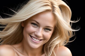 Portrait beautiful blond model woman with white teeth smile, healthy long flowing hair and beauty skin on black background. Concept of advertising a dentist, hairstyle and facial care. Generative AI