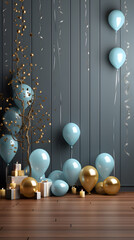 Happy birthday template wooden floor background with gift box, blue and gold balloons 