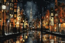 Digital Painting Of A Canal In The Old Town Of Gdansk, Poland