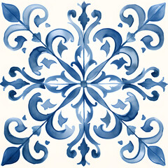 Rustic blue tile watercolor seamless pattern. Pattern of azulejos tiles 