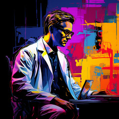 Wall Mural - vibrant pop art portrait of a doctor executed in rich colors with dripping paint and graffiti elements