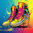 vibrant pop art sneakers executed in rich colors with dripping paint and graffiti elements