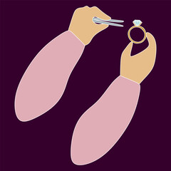 Jewelry making concept. Jeweler hands Holding Tweezers and Ring with Diamond. Flat style icon design isolated on dark background. Handmade accessory, Jewel workshop. Template for Web design