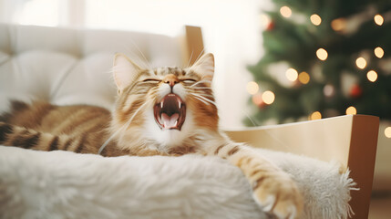 Cute cat lying on modern armchair and yawning on background of stylish decorated christmas tree in sunny room. Pet and winter holidays. Atmospheric cozy christmas time