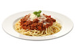 A plate of traditional Italian spaghetti bolognese topped with Parmesan cheese, isolated