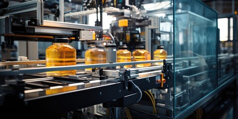 Fototapete - drink product on conveyor belt, automatic production, Generative AI