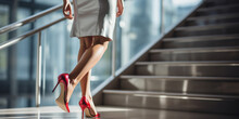 Woman In Heels Walking Up Stairs In Office Building