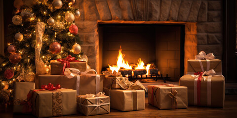 Wall Mural - Set of wrapped gifts nestles against the cozy fireplace