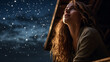 きれいな星空を窓から見上げている髪の長い女性