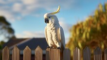 A Sulphur-crested Cockatoo Perched On A Weathered Fence, Its Crest Raised In A Display Of Confidence And Curiosity.