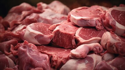 Wall Mural - Closeup of raw meat in the supermarket background.