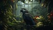 A black palm cockatoo framed by a curtain of lush ferns, a primeval tableau of life in the rainforest.