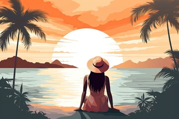 Wall Mural - young woman sit on tropical beach illustration
