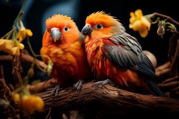 Two agaporni chicks in orange and gray tones on a tree branch