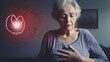 An elderly woman appears distressed, clutching her chest in discomfort, symbolizing the pain and health risks associated with high blood pressure or hypertension.