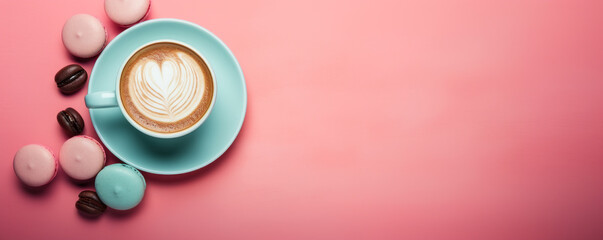 Macaroons cakes and cup of coffee creative layout on colorful background