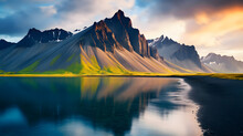 Majestic summer scene of Stokksnes headland with Vestrahorn (Batman Mountain) on background. Unbelievable evening view of Iceland, Europe. Beauty of nature concept background.