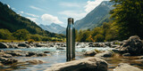 Fototapeta  - Steel eco-thermal bottle against the background of a river in the mountains. Generative AI
