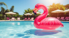 Swimming Inflatable Ring In The Pool, Flamingo, Summer, Hotel, Vacation, Weekend, Blue Clear Water, Resort, Aqua, Lifestyle, Party, Park, Beauty, Sun, Bright Light, Pink, Fun, Rubber Toy