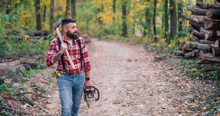 Wall Mural - Portrait of a stylish hipster confidently navigating the forest path with an axe and chainsaw in hand, headed towards a stack of cut logs.