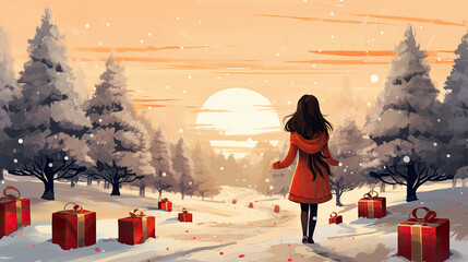 Wall Mural - Back view of a girl in a winter landscape with wrapped presents lying around her