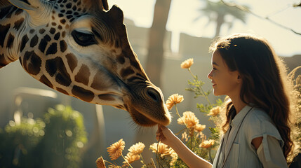 Wall Mural - A young woman feeds a giraffe