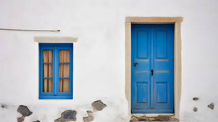 Old ancient colorful textured door and window in a stone wall in Greece, Oia, Santorini. Vintage doorway. Traditional European, Greek architecture. Summer travel