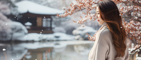 Wall Mural - Image of an woman in the winter, with japanes winter landscape bokeh in the background, with empty copy space	