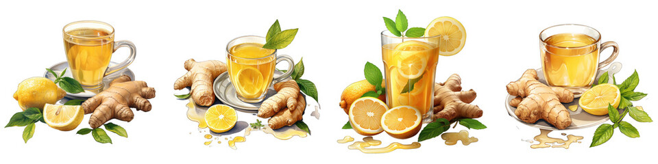 Wall Mural - Fresh ginger roots lemon and cup of tea Hyperrealistic Highly Detailed Isolated On Transparent Background Png File