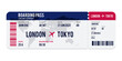 blue and red Airplane ticket design. Realistic illustration of airplane ticket boarding pass with passenger name and destination. Concept of travel, journey or business trip. Isolated on white.