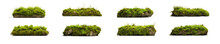 Set Of Realistic Nature Mossy Rocks. Stones With Moss. Isolated On Transparent, PNG Or White Background. Collection Of Overgrown Stones For Natural Garden Yard Decoration.