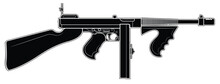 Vector Illustration Of The Thompson M1921 Submachine Gun With Round Magazine And Front Wooden Foregrip On The White Background. Black. Right Side.