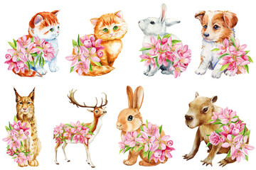 Cute Animal set. Rabbit, cat, forest deer, capybara, puppy in pink apple spring flower. Watercolor Isolated illustration