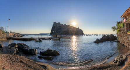 Wall Mural - Iconic view of Ischia in Italy. Typical sandy beach in Ischia Ponte.