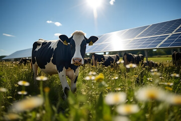 cow in front, solar panel in background, Animal meets technologie, renewable power source, green energy from sun