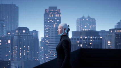 Wall Mural - a female humanoid robot at the building's roof looking at the big night city. future technology concept