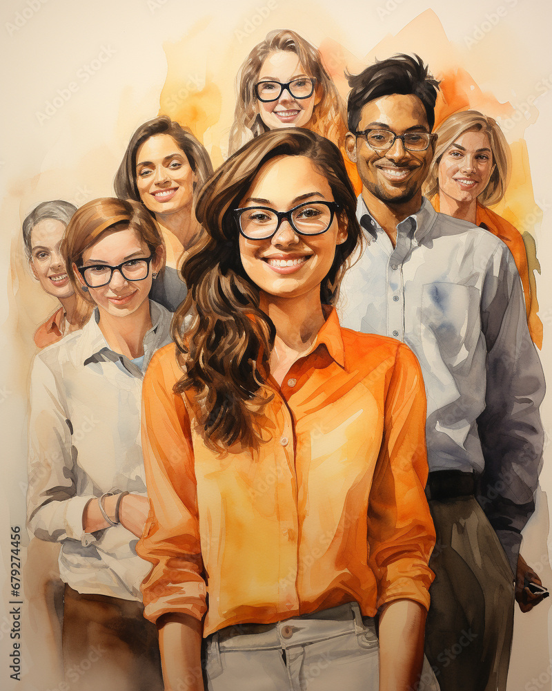 watercolor illustration of a diverse group of students / interns Stock ...