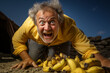 Hungry man finding yellow bananas, suprised face, falling to his kness, awkward moment, fun at the farm