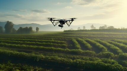 Wall Mural - An advanced autonomous robot drone equipped with sensors and AI technology is operating in an agricultural field, showcasing the latest in smart farming automation and precision agriculture.