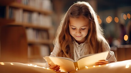 Little Girl Reading Book in library closeup