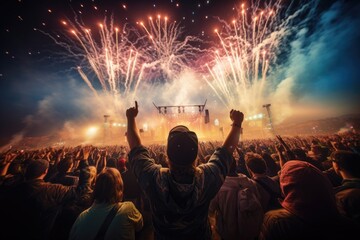 Crowd cheering at a live concert with fireworks exploding in the background, rear view of the crowd cheering at a music festival with fireworks in the background, AI Generated