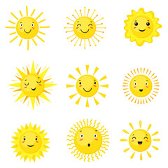 Wall Mural - Sun emoji. Cute funny summer sunshine faces, cartoon happy emotions smile, nature fun smiles, children baby yellow hand drawn, sunny logo weather