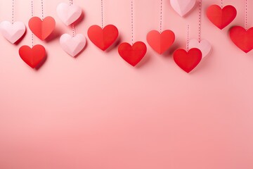 Poster - Valentine's day background with paper hearts on a pink background, Red paper cut hearts hanging on pink background, AI Generated