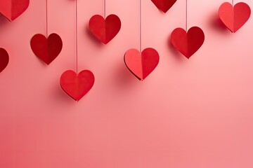 Wall Mural - Valentine's day background with red paper hearts on pink background, Red paper cut hearts hanging on pink background, AI Generated